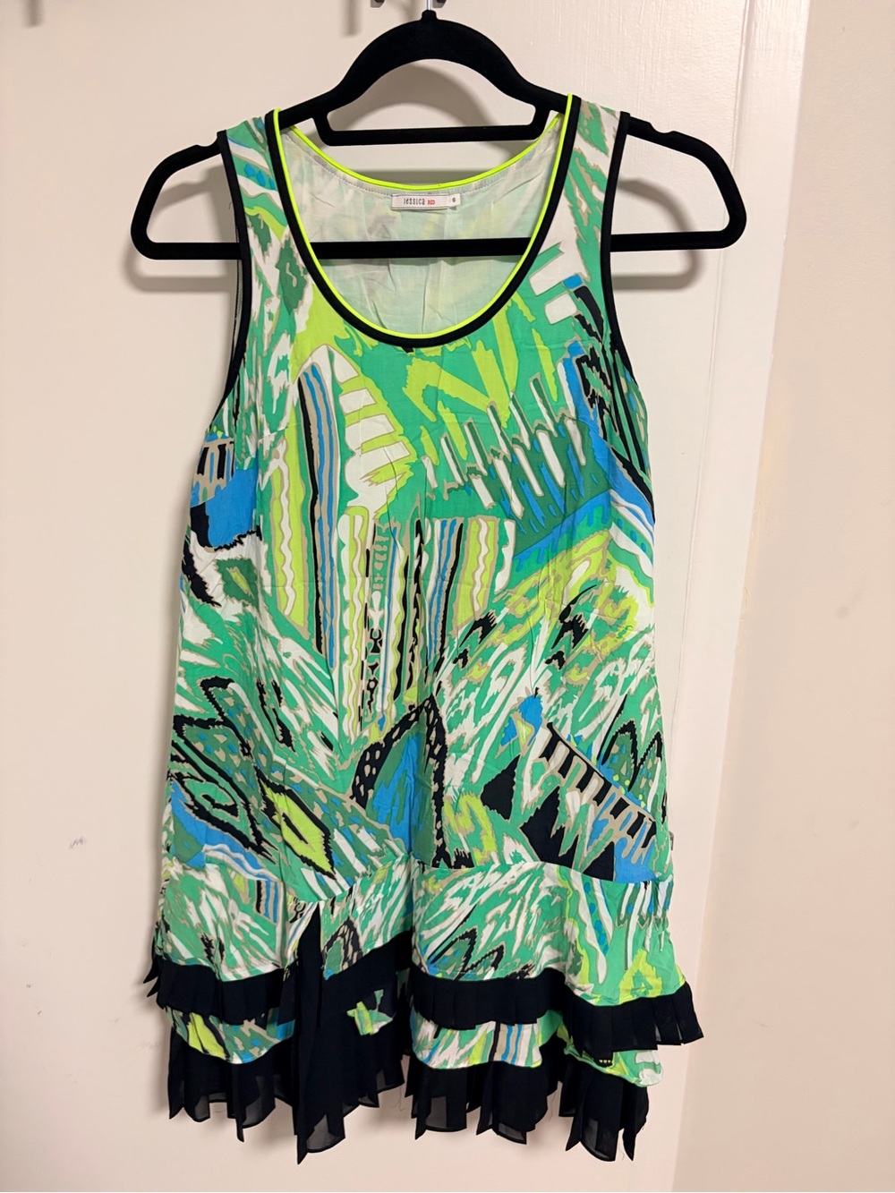 Jessica Neon Green and Blue Abstract Ruffle Tank Top